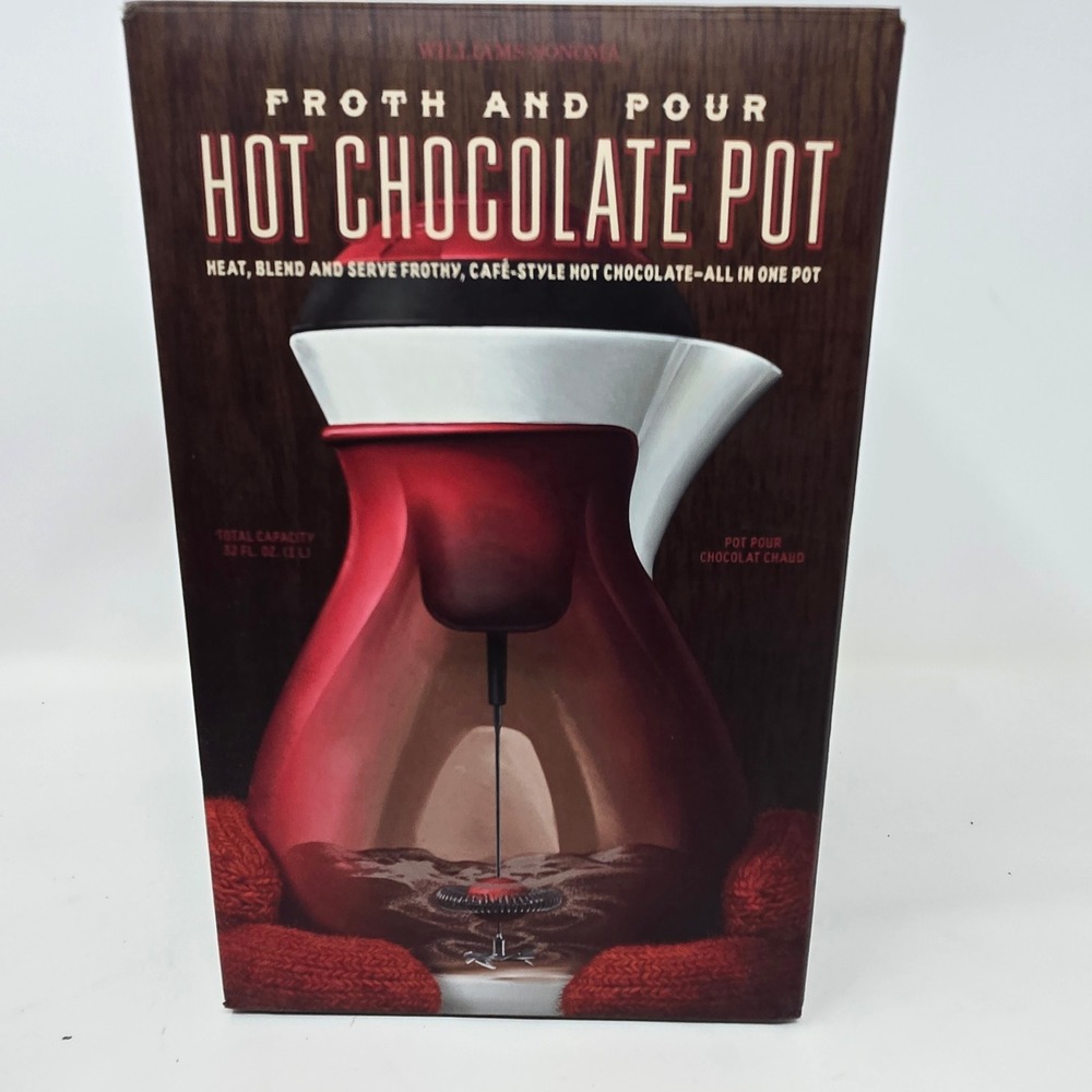 Williams Sonoma Froth and Pour Hot Chocolate Pot Red White 32oz Ceramic Whisk